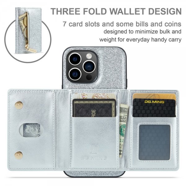 Dg.Ming iPhone 15 Pro Skal M3 Series Löstagbar Korthållare Glitter Silver