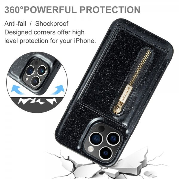Dg.Ming iPhone 15 Pro Skal M3 Series Löstagbar Korthållare Glitter Svart