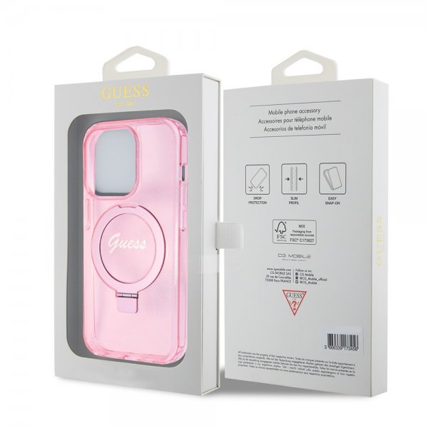 Guess iPhone 15 Pro Skal Ring Stand Glitter MagSafe Rosa