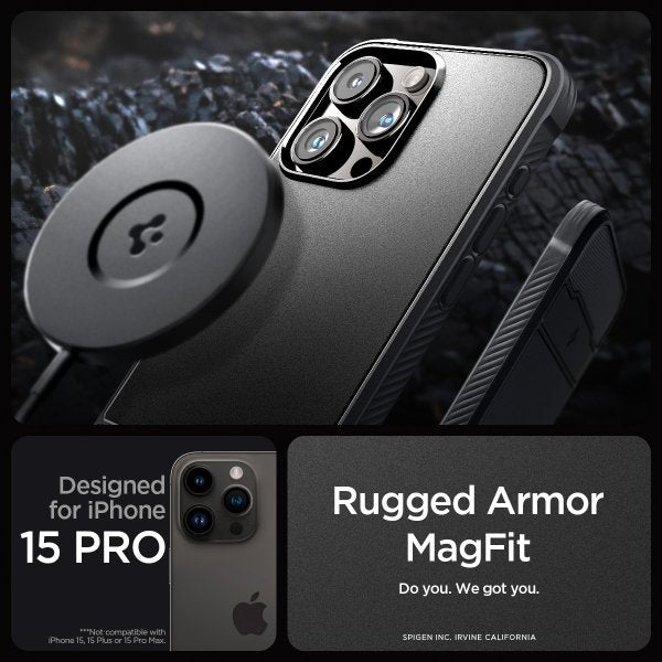 Spigen iPhone 15 Pro Skal Rugged Armor MagFit Matte Black
