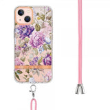 iPhone 15 Skal Blommönster med Strap Lila Pion