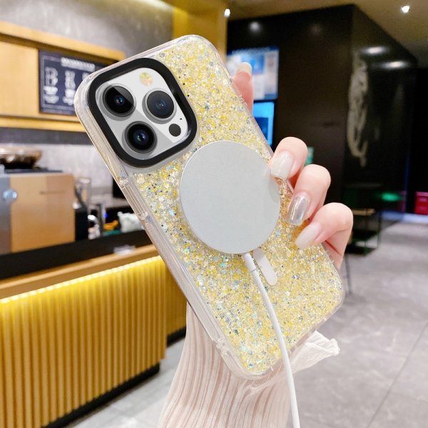 iPhone 15 Skal Glitter MagSafe Gul