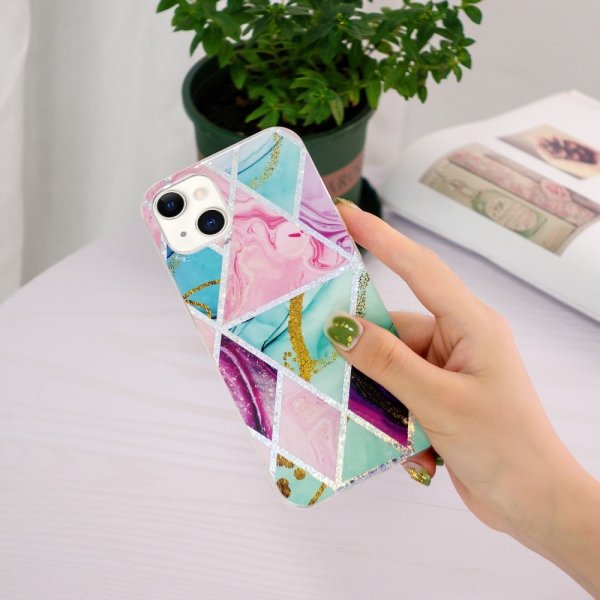 iPhone 15 Skal Marmormönster Grön Lila