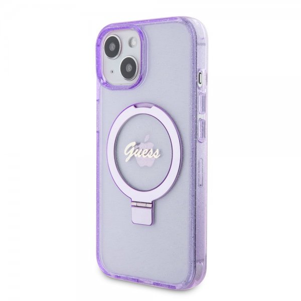 Guess iPhone 15 Skal Ring Stand Glitter MagSafe Lila
