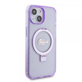 Guess iPhone 15 Skal Ring Stand Glitter MagSafe Lila