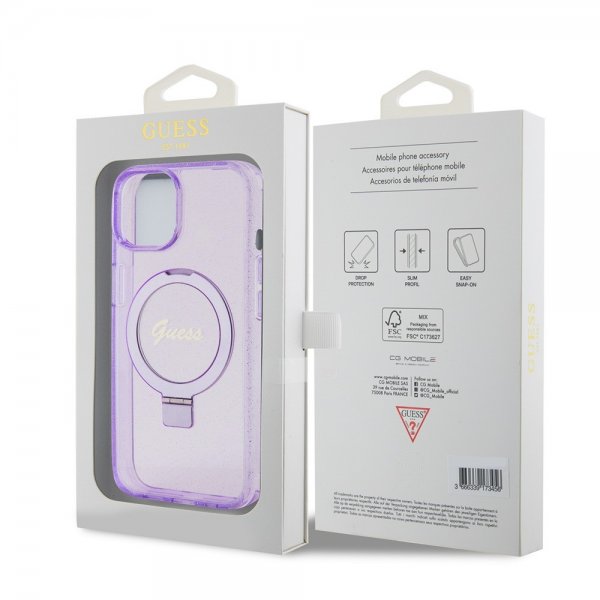 Guess iPhone 15 Skal Ring Stand Glitter MagSafe Lila