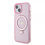 Guess iPhone 15 Skal Ring Stand Glitter MagSafe Rosa