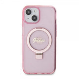 Guess iPhone 15 Skal Ring Stand Glitter MagSafe Rosa