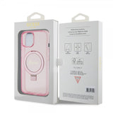 Guess iPhone 15 Skal Ring Stand Glitter MagSafe Rosa