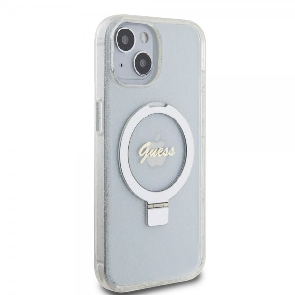 Guess iPhone 15 Skal Ring Stand Glitter MagSafe Transparent