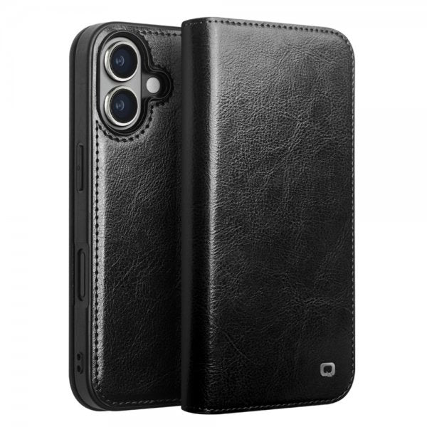 Qialino iPhone 16 Fodral Äkta Läder Svart