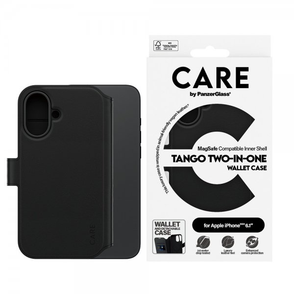 CARE by PanzerGlass iPhone 16 Fodral Tango Two-in-One Wallet MagSafe Svart