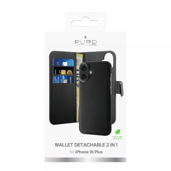 Puro iPhone 16 Plus Fodral Wallet Detachable 2 in 1 Svart