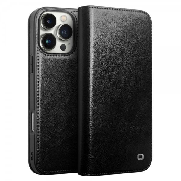 Qialino iPhone 16 Pro Fodral Äkta Läder Svart