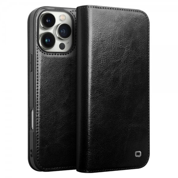 Qialino iPhone 16 Pro Max Fodral Äkta Läder Svart