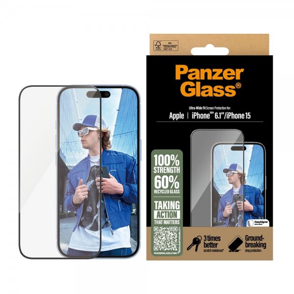 PanzerGlass iPhone 15/iPhone 16 Skärmskydd Ultra-Wide Fit EasyAligner