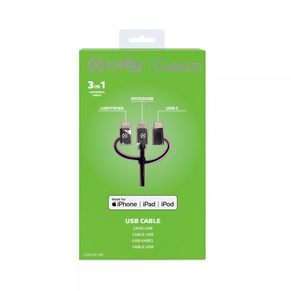 Celly Kabel 3in1 Micro-USB/USB-C/Lightning 1m Svart