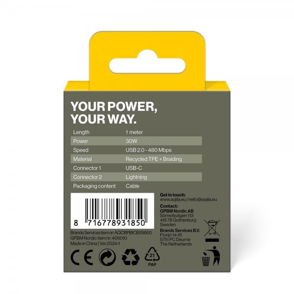 Aqiila Kabel Cablebird CB21 USB-C till Lightning 60W 1m Svart