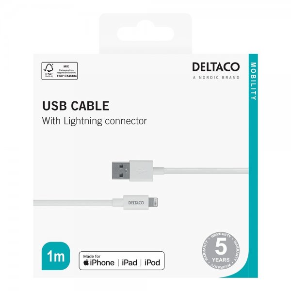 Deltaco Kabel USB-A Cable with Lightning Connector 1m Vit