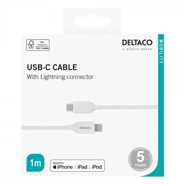 Deltaco Kabel USB-C Cable with Lightning Connector 1m Vit