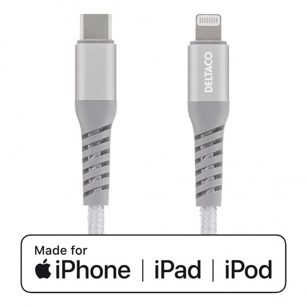 Deltaco Kabel USB-C till Lightning 1 meter Tygbeklädd Silver