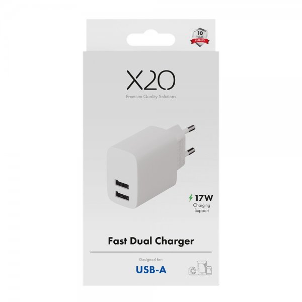 X2O Laddare 17W Dubbel USB-A/USB-A Vit