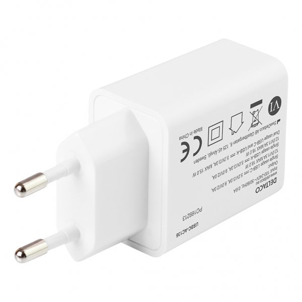 Deltaco Laddare 18W USB-C PD & USB-A Vit