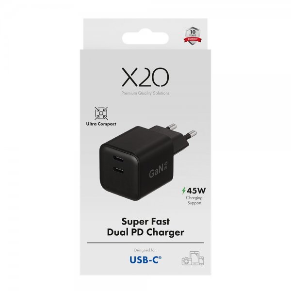 X2O Laddare 45W Dubbel USB-C/USB-C GaN Svart