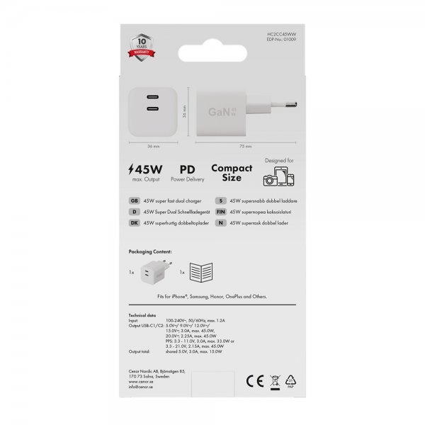 X2O Laddare 45W Dubbel USB-C/USB-C GaN Vit