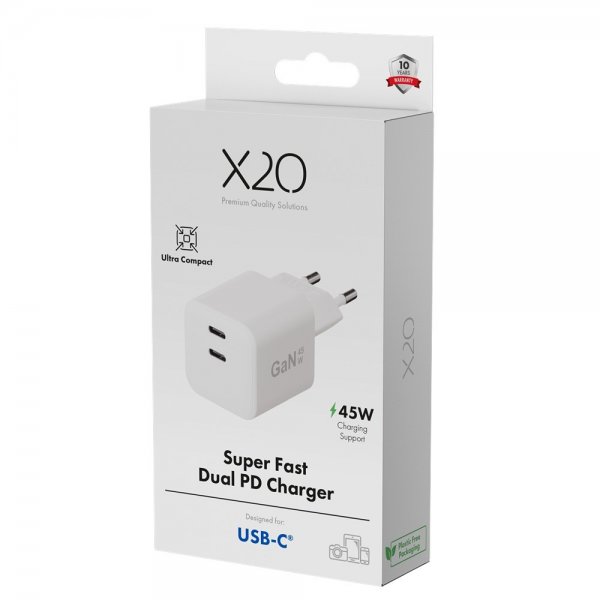X2O Laddare 45W Dubbel USB-C/USB-C GaN Vit