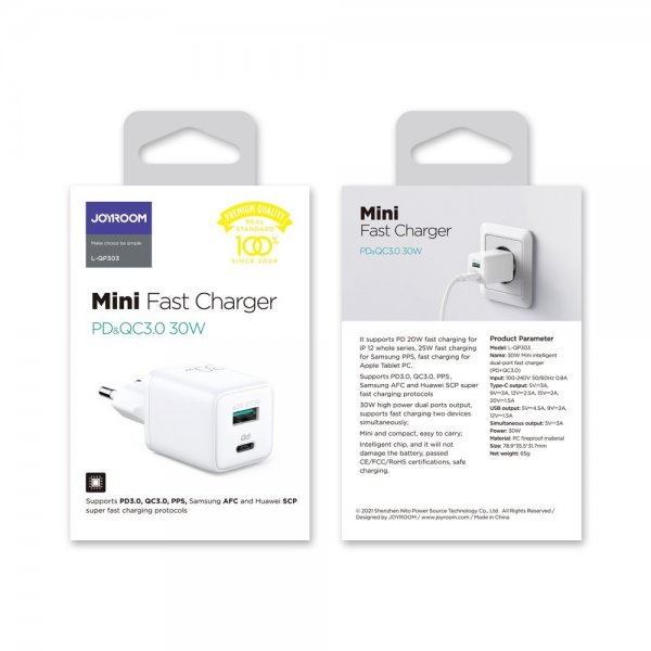 Joyroom Laddare JR-QP303 USB-C+USB-A 30W