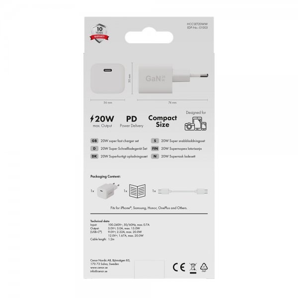 X2O Laddare med Kabel 1.2m 20W USB-C GaN Vit