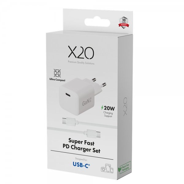 X2O Laddare med Kabel 1.2m 20W USB-C GaN Vit