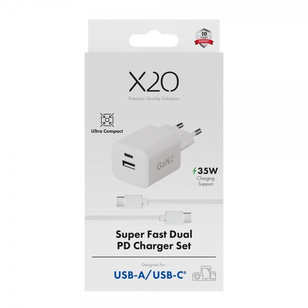 X2O Laddare med Kabel 1.2m 35W USB-C/USB-A GaN Vit