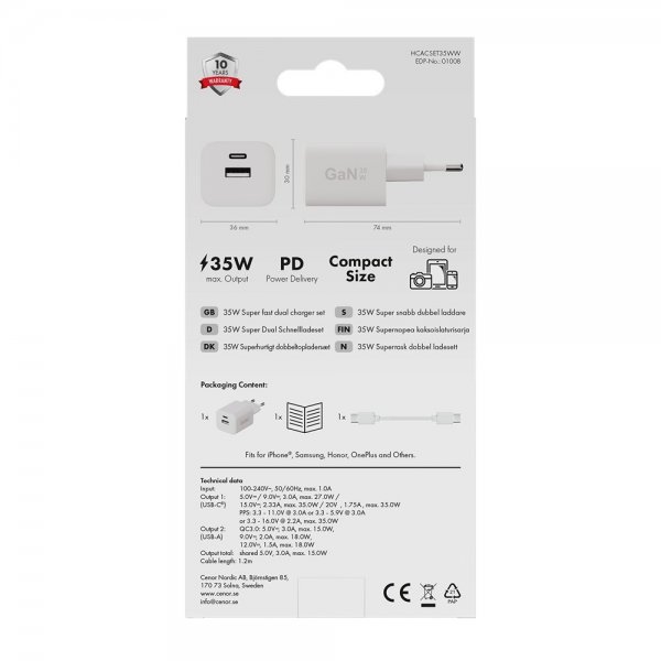 X2O Laddare med Kabel 1.2m 35W USB-C/USB-A GaN Vit