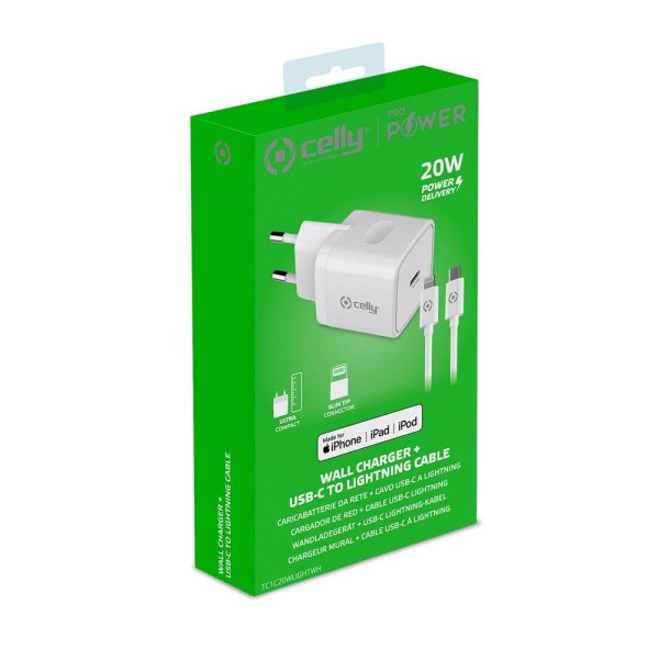 Celly Laddare med Lightning-kabel TC1C20WLIGHT 20W Vit