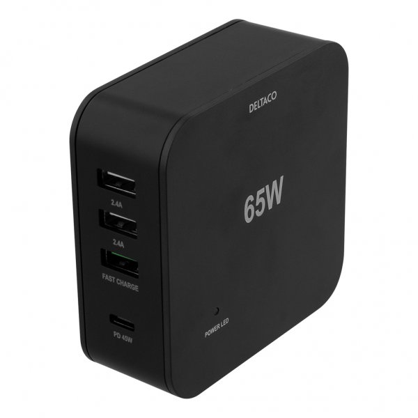 Deltaco Laddare USB-C PD 45W & USB-A 18W Snabbladdning Svart