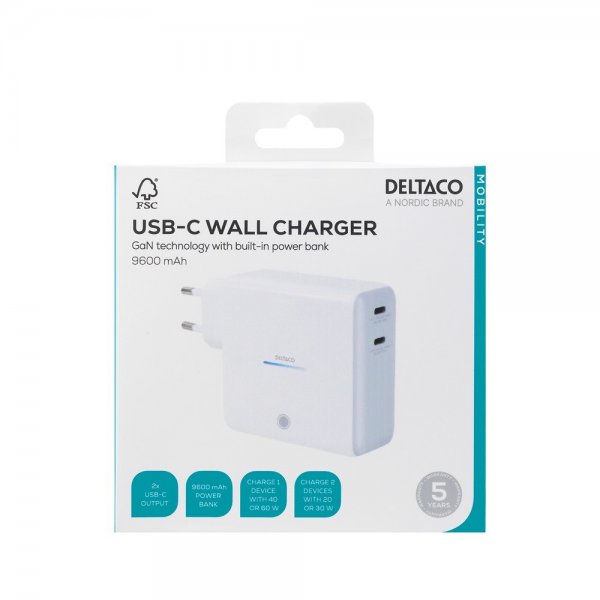 Deltaco Väggladdare med inbyggd Powerbank USB-C GaN 60W 9600 mAh