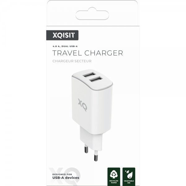 Xqisit Laddningsadapter med två USB-A uttag 4.8A Vit