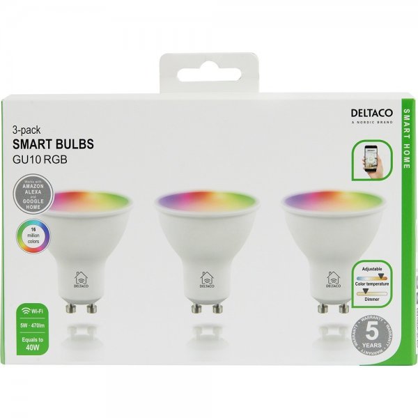 Deltaco Smart Home LED-lampa GU10 WiFi 5W RGB 3-pack
