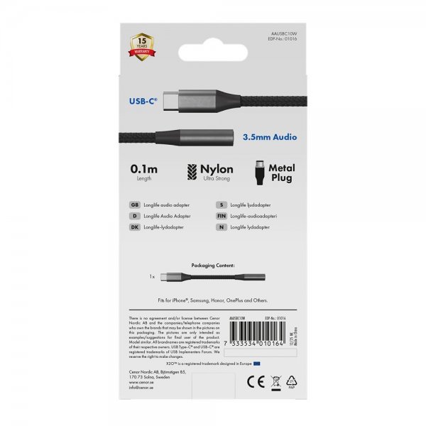 X2O Ljudadapter USB-C till 3.5mm AUX 0.1m Svart