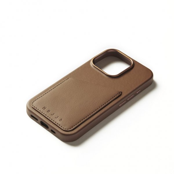Mujjo iPhone 16 Pro Skal Full Leather Wallet Case Dark Tan
