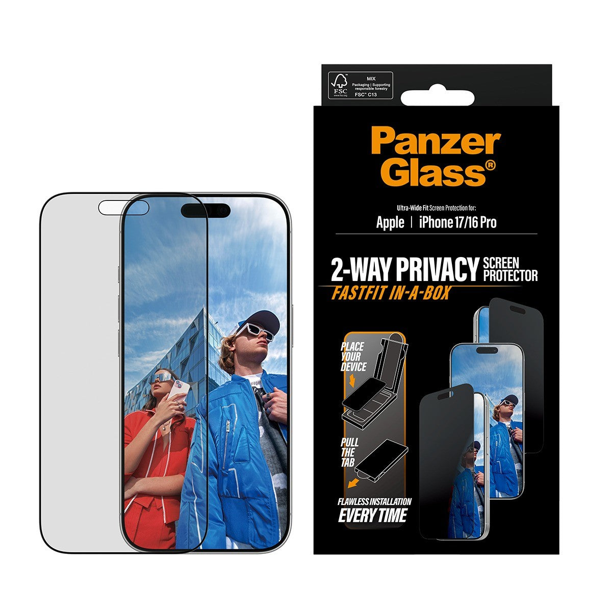 PanzerGlass iPhone 16 Pro/iPhone 17 Skärmskydd Ultra-Wide Fit Privacy Fastfit