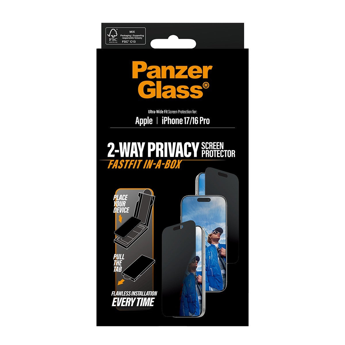 PanzerGlass iPhone 16 Pro/iPhone 17 Skärmskydd Ultra-Wide Fit Privacy Fastfit