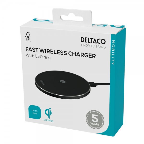 Deltaco Trådlös Laddare 15W LED Qi Svart
