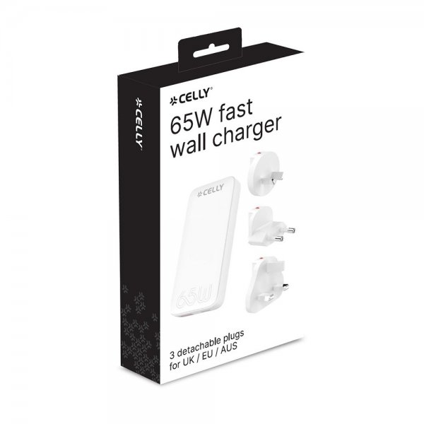Celly Reseladdare Travel GaN 65W USA/UK/EU/AUS Vit