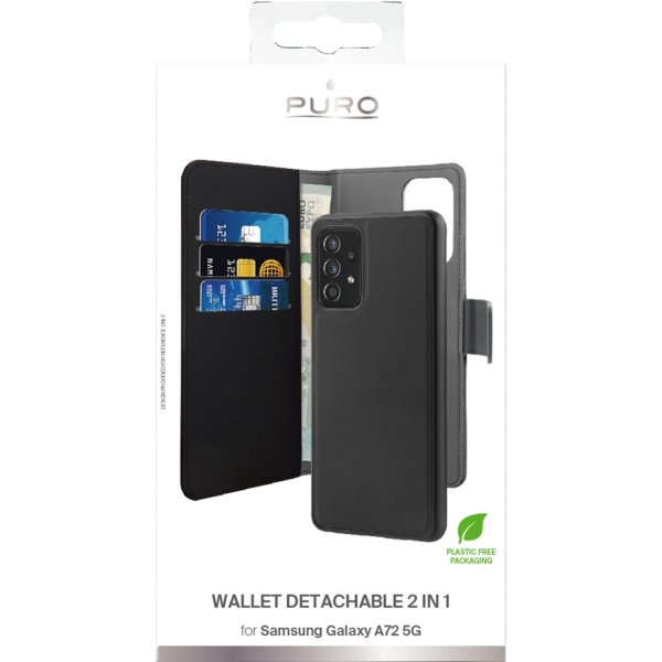 Puro Samsung Galaxy A72 Fodral Wallet Detachable 2 in 1 Löstagbart Skal Svart