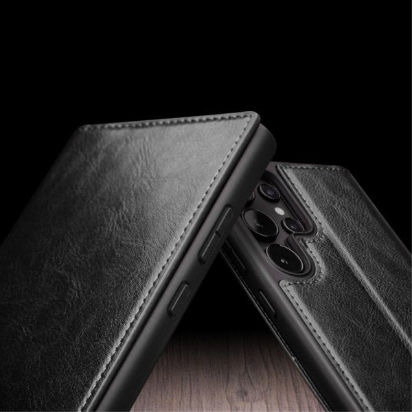 Qialino Samsung Galaxy S24 Ultra Fodral Äkta läder Kortfack Svart