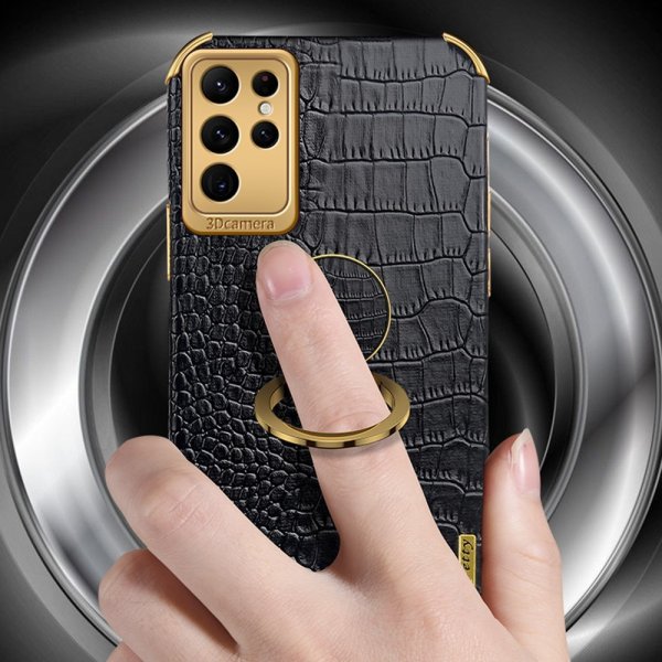 Samsung Galaxy S24 Ultra Skal Krokodilmönster Finger Ring Vit