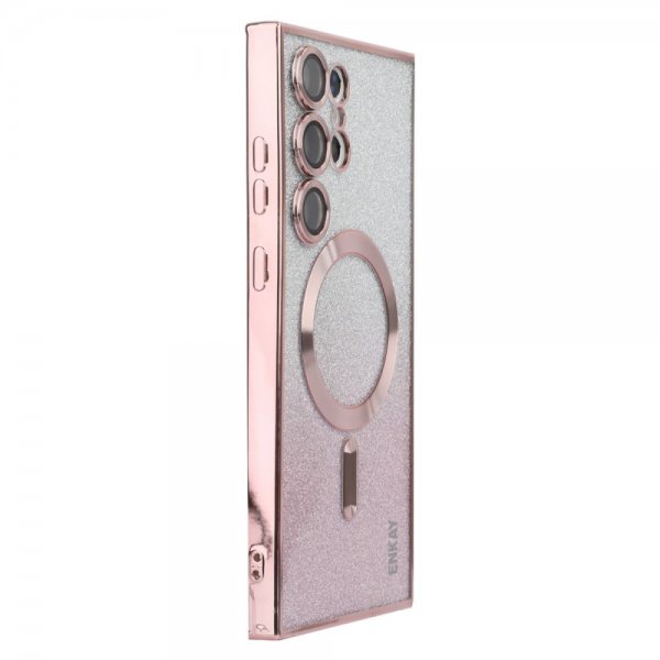Enkay Samsung Galaxy S24 Ultra Skal Pläterad Kant Glitter MagSafe Rosa